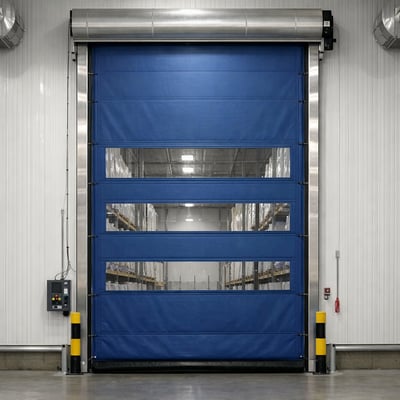 a very tall fabric rolling door for cold storage applications