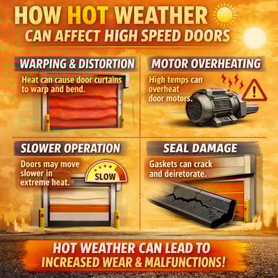 create a text image saying how hot weather can affect high speed doors